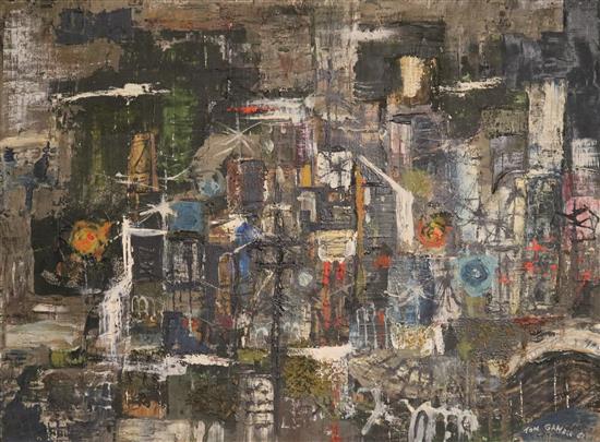 Tom Gamble, oil on board, Whitby harbour at night 1961, signed and dated, 52 x 71cm